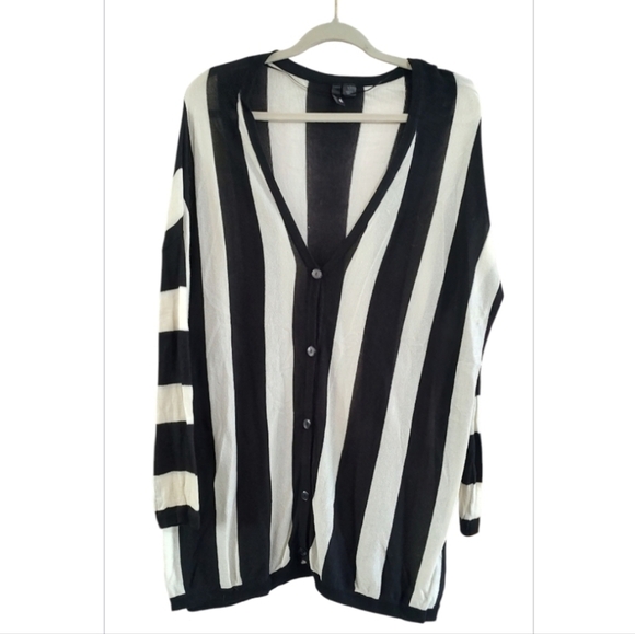 Sweaters - Oversized Black and White Striped V neck Button Down Cardigan Size 4